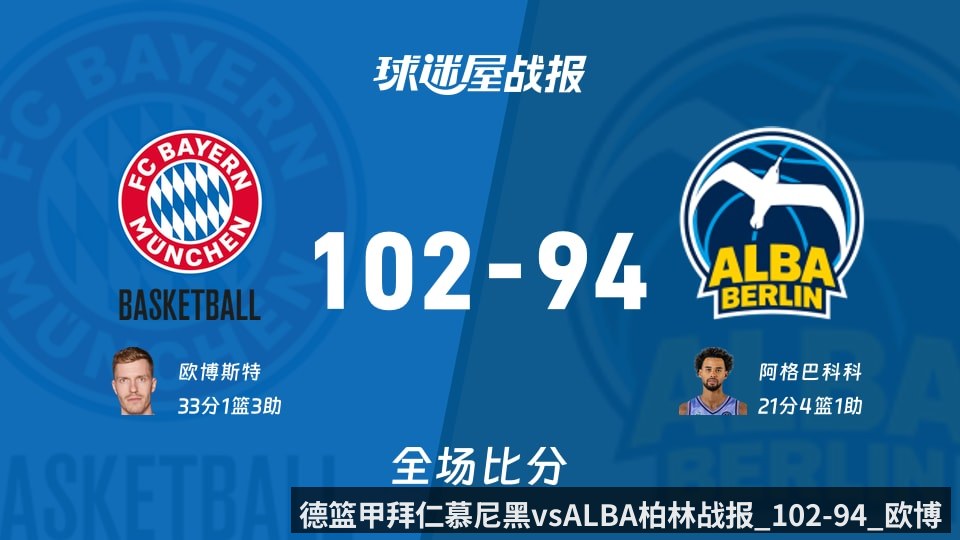 德篮甲拜仁慕尼黑vsALBA柏林战报_102-94_欧博斯特33_1_3
